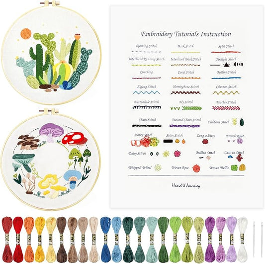 HAND U JOURNEY Basic Embroidery Stitch Kit – 28 Stitch Techniques with Mushroom Embroidery Set, Beginner-Friendly DIY Craft Kit for Adults
