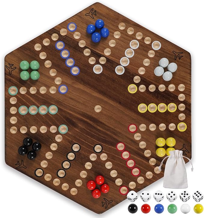 20 in Wooden Fast Track Board Game Original Wahoo Board Game for 6 and 4 Players with Marbles and Dices Burnt Color Board Marble Game(Large)