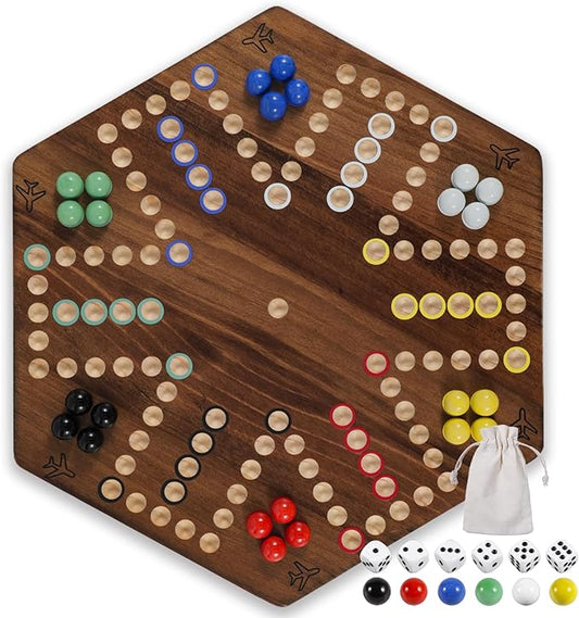 20 in Wooden Fast Track Board Game Original Wahoo Board Game for 6 and 4 Players with Marbles and Dices Burnt Color Board Marble Game(Large)