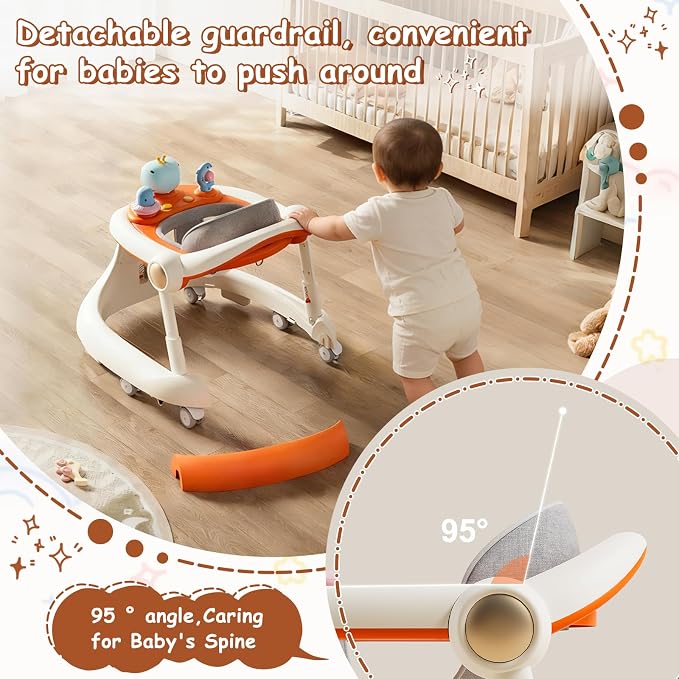 Foldable Baby Walker with Wheels, Activity Toddler Walkers for Boys Girls | 5-in-1 Design, Adjustable Height, Feeding & Music Tray, Contains batteries, Push Walker, Anti-Rollover, Detachable Seat