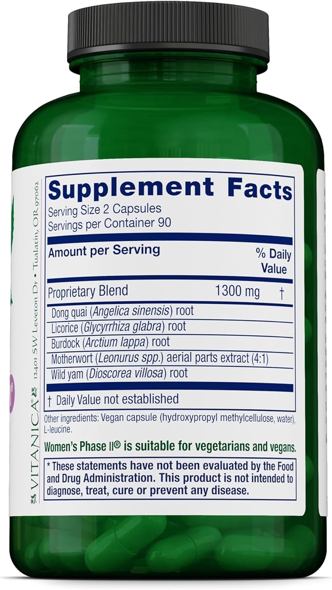 Vitanica Women's Phase II, Menopause Support, Vegan, 180 Capsules