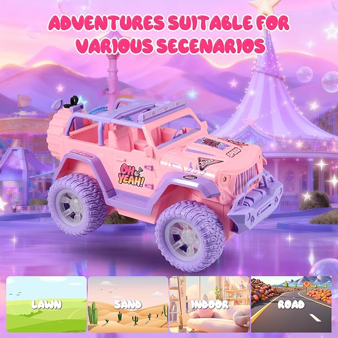 EOQIFJM Remote Control Car for Fog Mist & Music,1:16 RC Cars for Kids with DIY Sticker & Colorful Lights,2.4GHz All Terrain SUV Cars Toys Gifts,Pink,Dual Control