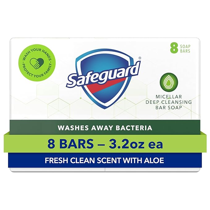 Safeguard Micellar Deep Cleansing Bath Bar Soap, Washes Away 99 Percent of Bacteria, Leaves Skin Soft, Fresh Clean Scent with Aloe, 3.2 oz,8 Count (Pack of 6)