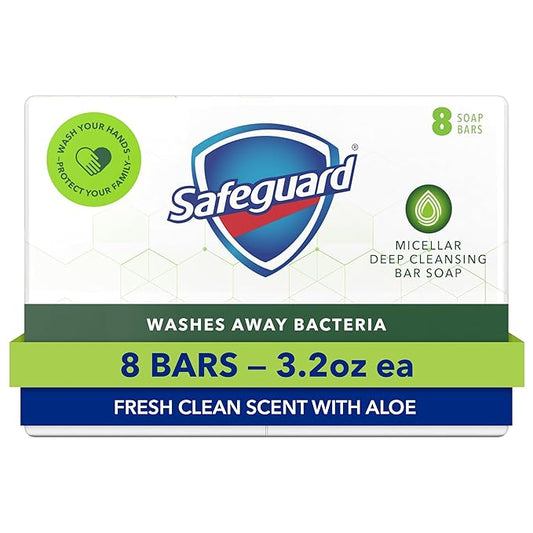 Safeguard Micellar Deep Cleansing Bath Bar Soap, Washes Away 99 Percent of Bacteria, Leaves Skin Soft, Fresh Clean Scent with Aloe, 3.2 oz,8 Count (Pack of 6)