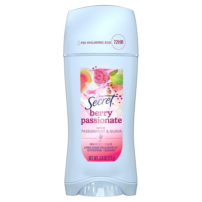 Secret Fresh Antiperspirant Deodorant for Women, 72hr Freshness on the Rocks with Pro-Hyaluronic Acid, Miami Mocktail Edition, Invisible Solid, Berry Passionate with Passionfruit & Guava Scent, 2.6 oz