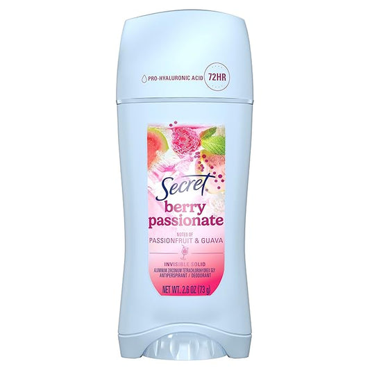 Secret Fresh Antiperspirant Deodorant for Women, 72hr Freshness on the Rocks with Pro-Hyaluronic Acid, Miami Mocktail Edition, Invisible Solid, Berry Passionate with Passionfruit & Guava Scent, 2.6 oz