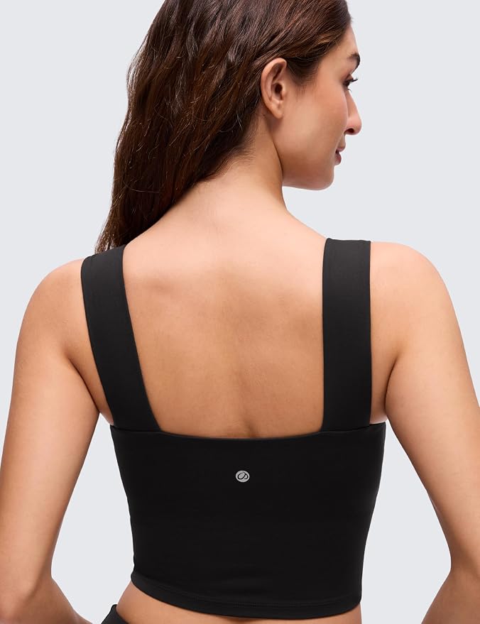 CRZ YOGA Butterluxe Wide Straps Square Neck Crop Tank Tops for Women - Padded Workout Yoga Longline Sports Bras