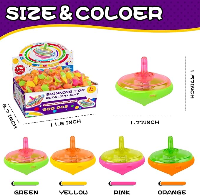 200 Pcs Light Up Spinning Tops for Kid 4 Color, Bulk LED Flashing Spinning Top Toys for Birthday Party Favor, Return Gift, Classroom Prize, and Fun Fidget Toy, Glow Goodie Bags Stuffer for Girl boy