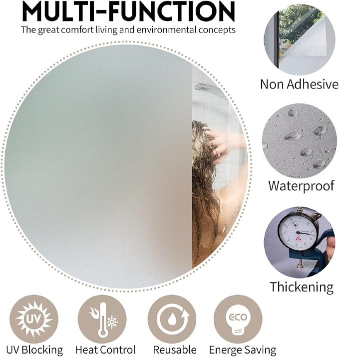 KESPEN Window Privacy Film Frosted Glass Heat Control UV Blocking Privacy Window Film for Glass Windows Static Cling Non-Adhesive Door Coverings Decals for Bathroom Home Office, 41.3 Inch X 13.1 Feet