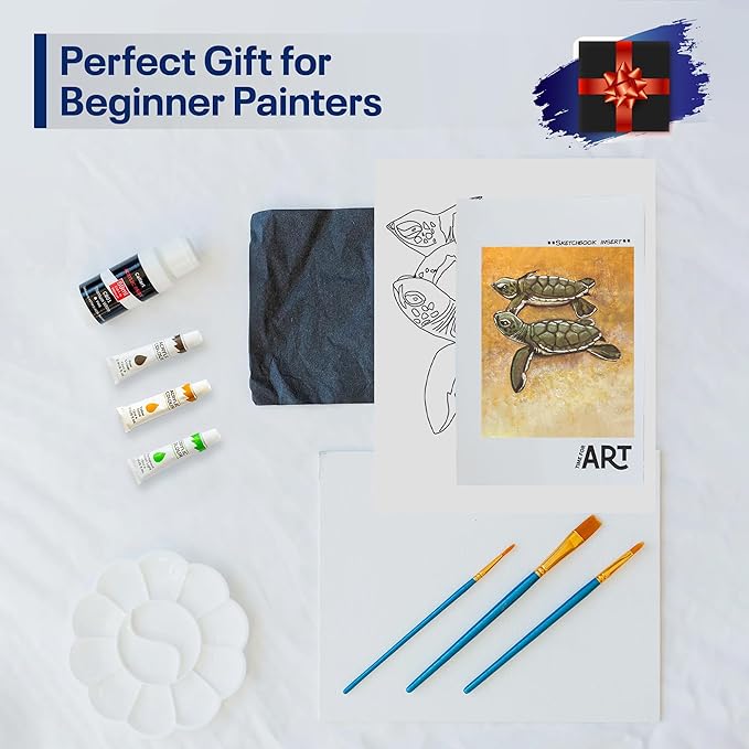 Painting4Real DIY Painting Class Kit for Adults with Video Tutorials: Learn to Paint Turtles – How to Paint with Acrylics – Painting & Art Supplies – 9 Piece Acrylic Paint Set