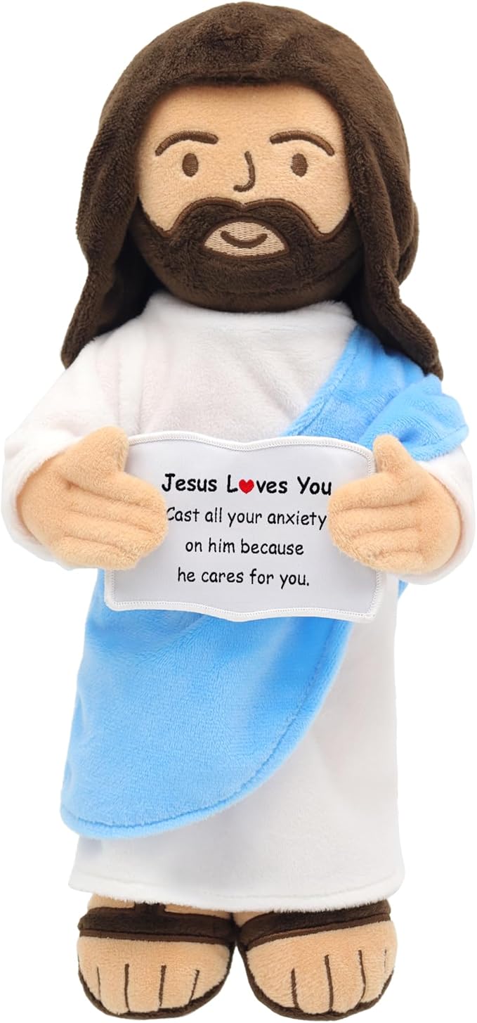 Jesus Plush, 13" Jesus Stuffed Plushie Doll with Positive Card for Christmas Religious Easter Church Sunday School Toy Gift for Kids (D)