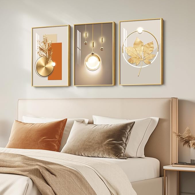 Framed Modern Luxury Gold Large Wall Art for Living Room, 3 Piece 16x24 In | Soild golden framed prints, Crystal coating wall paintings, Geometric wall art for bedroom dining room hallway