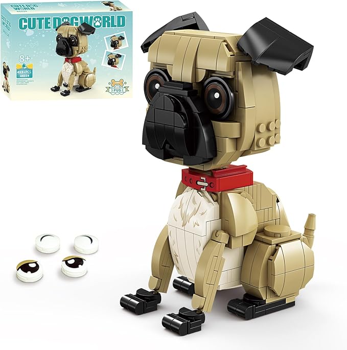 KAZI Ideas Pug Dog Building Toy Sets for Kids Ages 8+, Adorable Dogs Figures with Replaceable Eyes Accessories,Gifts for Dog Lovers,Puppy Model for Boys & Girls Who Love Animals,Party Favors