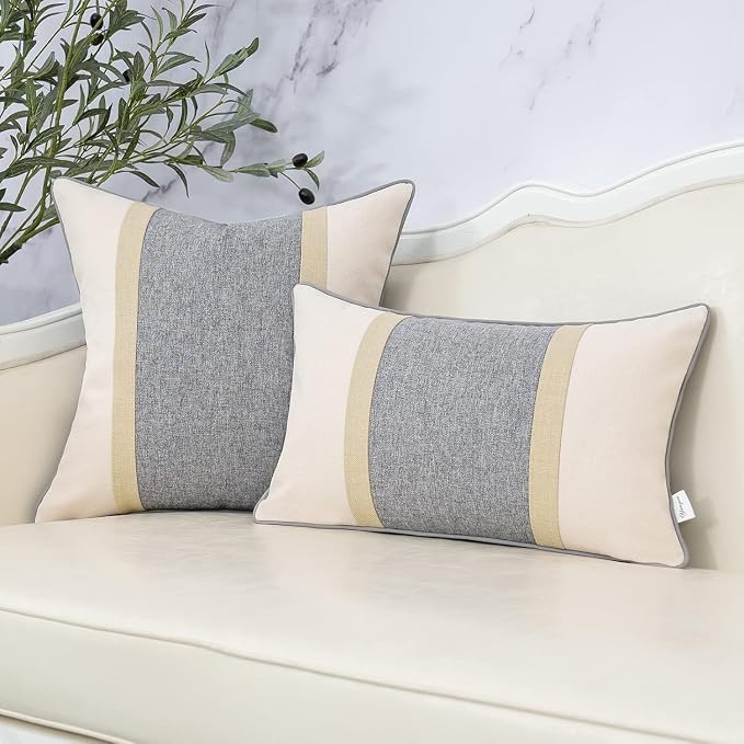 Patchwork Pillow Cover 20x20 Inch Luxury Cotton and Linen Cushion Cover Square Pillowcover for Couch Bedroom Living Room, Gray