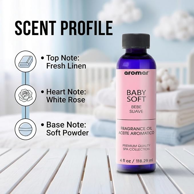 Aromar Premium Fragrance Oil, Long-Lasting, Refreshing Uplifting Aroma for Aromatherapy, Relaxation & Household Uses, Baby Soft Powder 4 oz.