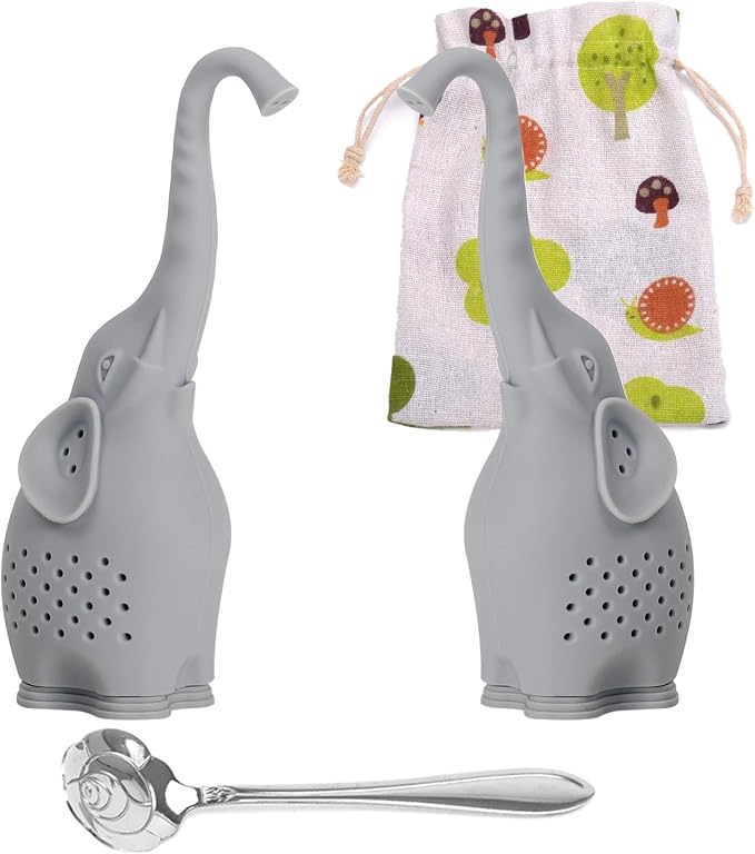 Numola Silicone Tea Infuser Set of 2, Cute Elephant Loose Leaf Tea Strainer with Stainless Steel Teaspoon, Reusable Tea Ball Filter for More Enjoyable Tea Times with Friends and Family