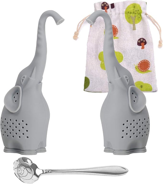 Numola Silicone Tea Infuser Set of 2, Cute Elephant Loose Leaf Tea Strainer with Stainless Steel Teaspoon, Reusable Tea Ball Filter for More Enjoyable Tea Times with Friends and Family