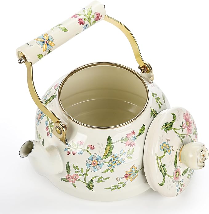 Jucoan 2.6 Quart Vintage Enamel Tea Kettle, Green Floral Stovetop Water Kettle Teapot with Porcelain Handle for Home Kitchen Camping Tea Party, Gift for Bridal Shower Wedding Housewarming Mother's Day