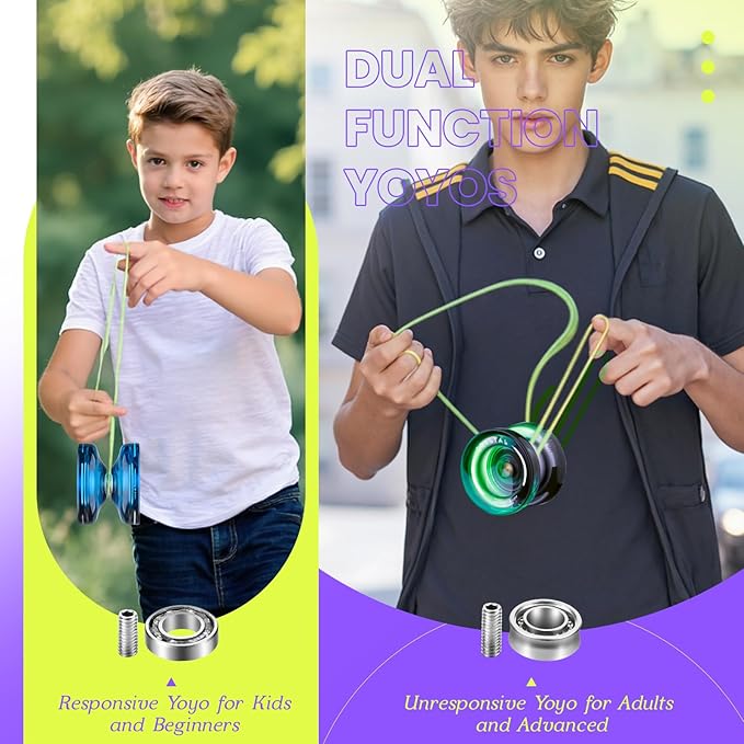 MAGICYOYO K2 Crystal Yoyo Pack of 2, Dual Purpose Responsive & Unresponsive Yoyo for Kids 8-12, Plastic Professional Yo Yo for Adults, Complete yo-yo Accessories Included (Black Green+Black Blue)