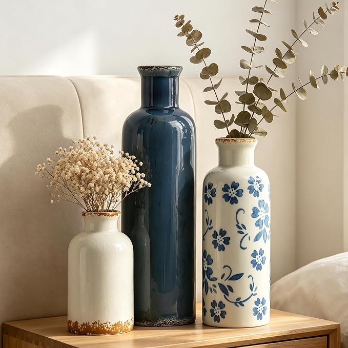 Ceramic Vases Set of 3, Blue and White Vintage Flower Vase Waterproof | Farmhouse Rustic Vase for Pampas Grass & Dried Flowers, Flower Vase for Table Living Room Home