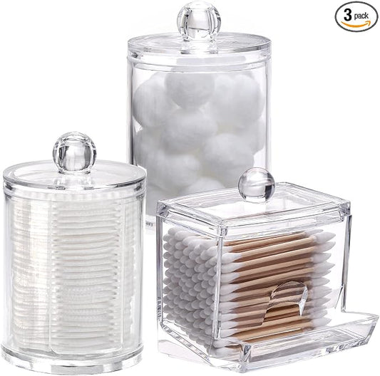 Tbestmax Bathroom Organizer Accessories Set-10 OZ,7 OZ Qtips Holder Storage with Clear Plastic Lids, Cotton Ball/Swabs Dispenser, Apothecary Container Jar 3 Pcs