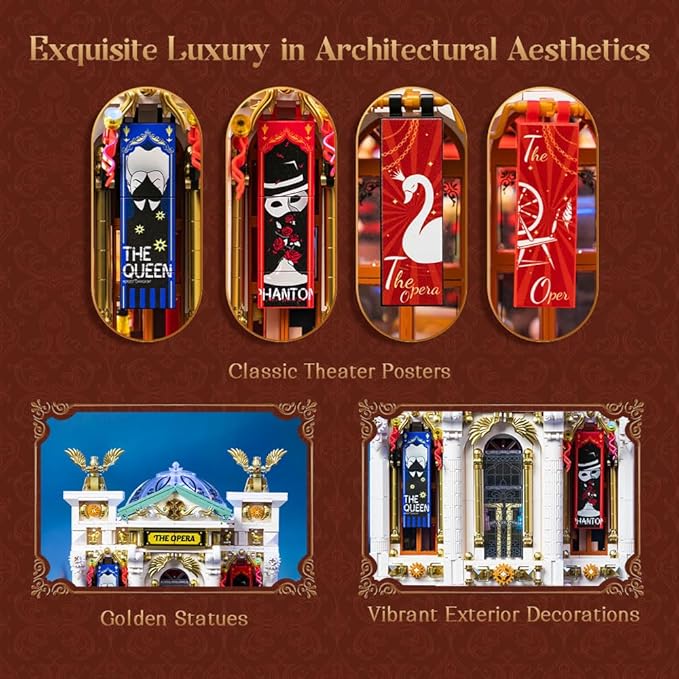Vintage European Grand Theater Building Set-Modular Model with Crystal Chandelier, Transparent Dome&Expandable Street Scenes Retro Collectible Theater Architecture for Adults &Home Décor Gift