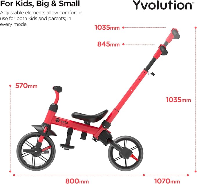 Yvolution 3 in 1 Toddler Trike Y Velo Flippa Push Tricycle Toddler Balance Bike with Parent Steering Push Handle for Boys Girls 2-5 Years Old