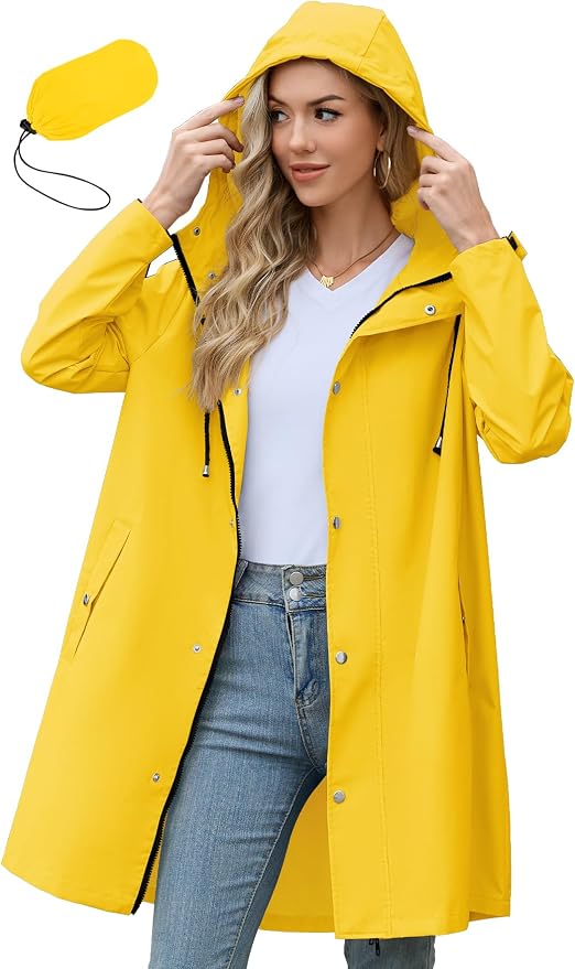 Zando Long Packable Rain Jacket Women Waterproof Raincoat with Hood | Relaxed-Fit Lightweight Windbreaker for Women; Travel Rain Coats for Commute, Hiking, Cruise, and Daily wear