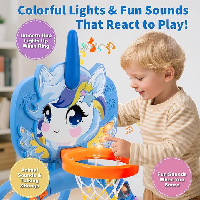 Unicorn Sports Play Set for Toddlers – Blue Basketball Hoop & Soccer Goal with Ring Toss | Indoor Outdoor Activity Center Toy for 1-3 Year Old Boys Girls | Birthday Gift Idea