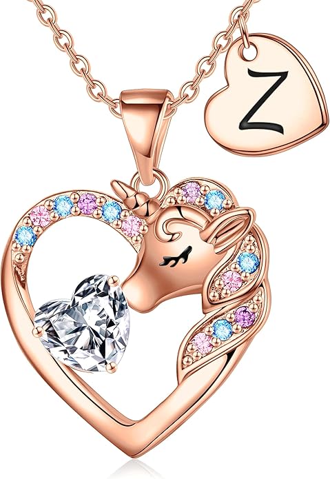 Unicorn Necklace Gifts for Girls Kids - Colorful CZ Heart Initial Necklaces Unicorn Necklace for Girls Jewelry Birthday Gifts for Little Girl Kids