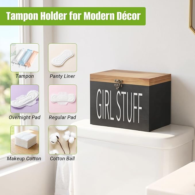 Wood Tampon Holder Box with Lid, Feminine Product Organizer, Girl Stuff Box for Bathroom & Vanity Counter, Tampon Storage, Bathroom Period Products, Toilet Organizer, Ideal Gift for Girl