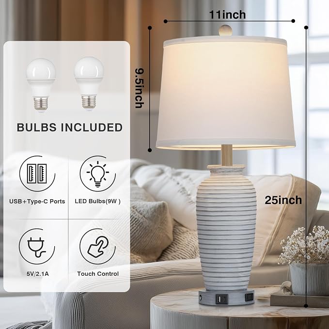 CINSARY 25" Vintage Farmhouse Jar Table Lamps, Single Rustic Bedside Lamp with USB A+C Ports & AC Outlet, Nightstand Lamps for Living Room, Bedroom, End Table, Grey White(LED Bulb Included)