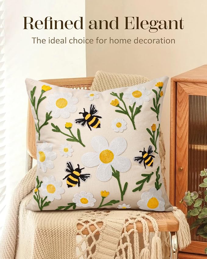 Embroidered Throw Pillow Cover 18x18 Inch, Flower Bee | Decorative Pillow Cover, Floral Farmhouse Cushion Case with Hidden Zipper, Home Decor for Couch, Sofa, Living Room, Bedroom