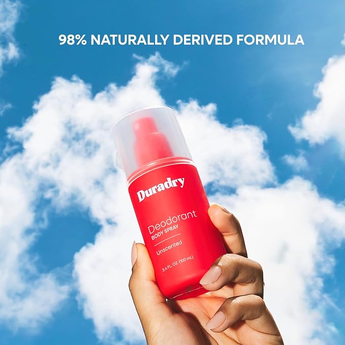 Duradry Aluminum-Free Deodorant Body Spray for Men and Women – Unscented Deodorant for Whole Body, Natural Odor Neutralizer, Clear and Residue Free, Non-Staining – 3.4 Fl Oz