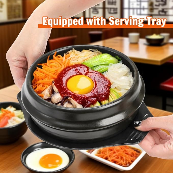 37 Oz Korean Stone Bowl with Tray | Ceramic Pot Set Dolsot Bibimbap Sizzling Hot Pot, Korean Cooking Soup Cookware for Restaurants, Rice, Soup, Noodle