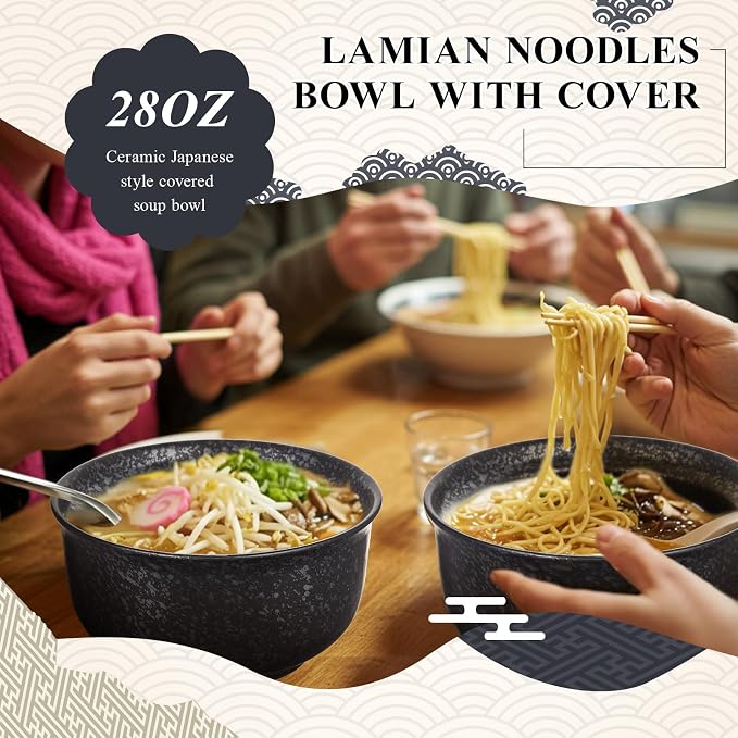 SiliFine Ramen Bowl Set of 2 Ceramic Ramen Bowl with Lid 25oz Microwave Clay Pot Traditional Japanese Tableware Korean Clay Pot for Christmas Soup Salad Meal Rice Home Office(Black,Calssic)