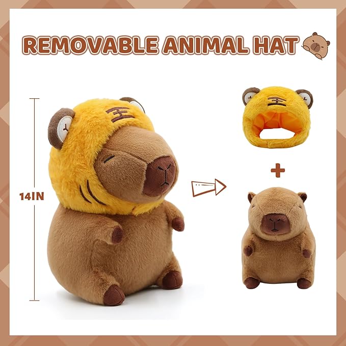Cute Capybara Plush Wear Tiger Hat, Kawaii Soft Capybara Plushie Pillow, 14 inch Capybara Stuffed Animal Hugging Gifts for Kids Adults (Tiger Capybara)