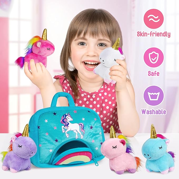 KMUYSL Toys for Ages 3 4 5 6 7 8+ Years - Plush Mommy Stuffed Animal with 4 Babies in Her Tummy, Soft Plush Toys Set, Christmas Birthday Gifts for Girls Boys Baby, Toddler, Kids (Unicorn Toys)