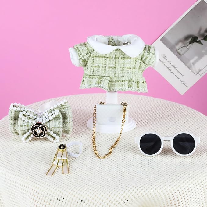 Doll Clothes 15cm Green Outfits for Dolls Elegant Green Dress Headband Bow Tie Glasses and Bag Exquisite Clothes Accessories Compatible with Doll (Style 6)