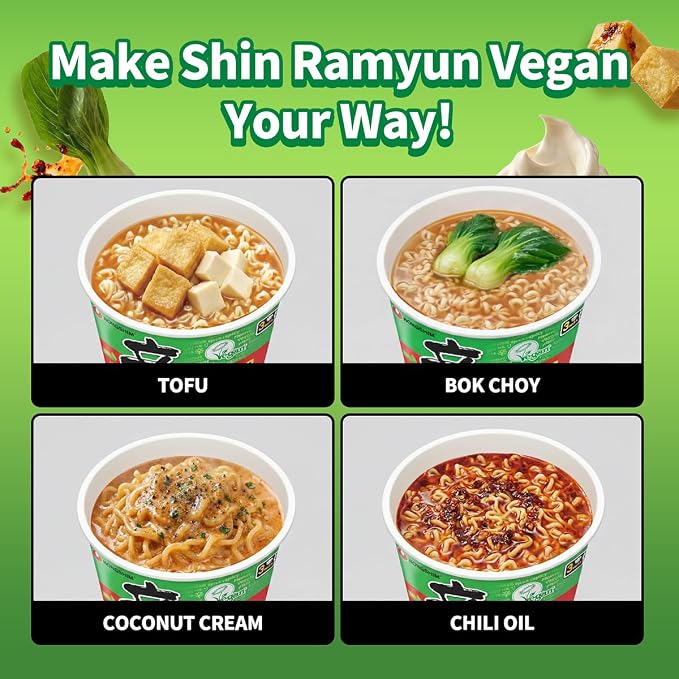 Nongshim Shin Ramyun Vegan Noodles Cup, Spicy Vegan Korean Instant Ramyun, Bold Veggie Flavored Broth, Microwaveable, Quick & Easy, Pantry Essential, 2.64 oz (Pack of 6)