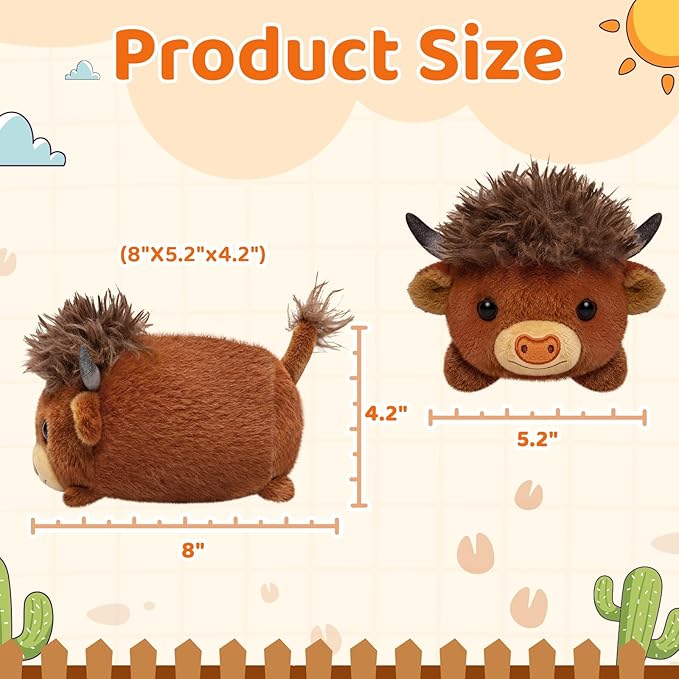 Mewaii Highland Cow Plush Pillow – Cute Happy Face Soft Brown Fur Stuffed Animal, Cuddly Cow Plush Toys for 3+ Year Old Kids & Adults (8Inch)