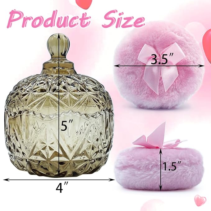 4" Glass Dusting Powder Container with 2 Fluffy Puffs,Cute 3.5" Soft Body Powder Puff and Jar Set(Crown-tawny)