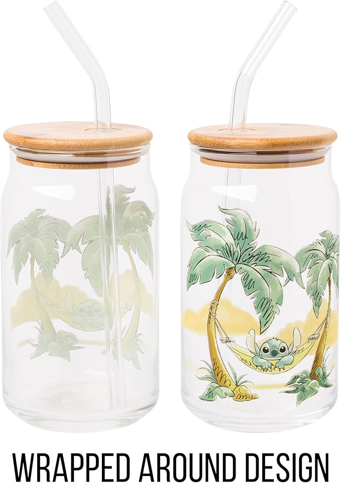 Silver Buffalo Disney Lilo and Stitch Relaxing Chilling in Hammock Island Glass Jar Tumbler with Bamboo Lid and Glass Straw, 16 Ounces (Pack of 12)