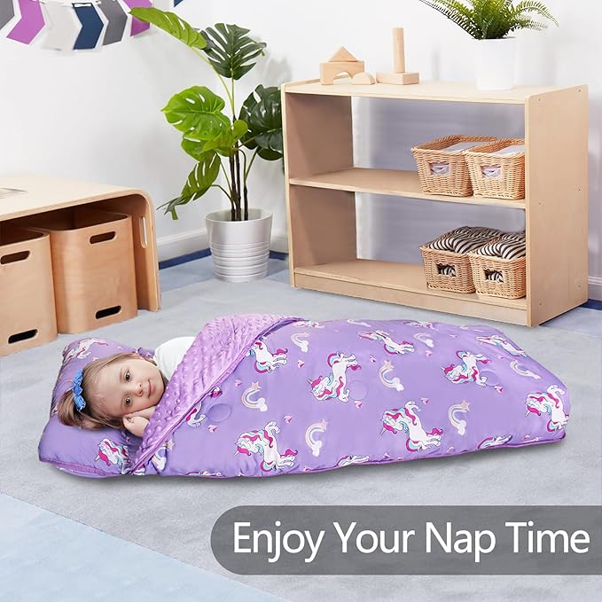 Primlect Thickened Toddler Nap Mat with Removable Pillow and Minky Blanket, Extra Large 55''x35'' Sleeping Bag, Washable, Roll up, Perfect for Daycare, Preschool, Kindergarten, Boys and Girls Purple