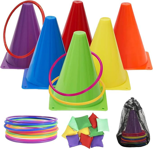 Carnival Games Combo Set 3 in 1, 31PCS Soft Plastic Cones Bean Bags Ring Toss Game with Carrying Bag, Gift for Outdoor Birthday Party/Xmas