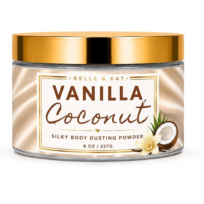 Body Powder for Men & Women Scented Vanilla Coconut, Bath Perfume Dusting Powder with Fragrance & Essential Oils, Talc Free 8oz Large Container with Puff, Made in USA