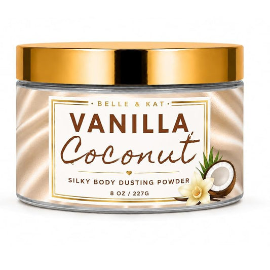 Body Powder for Men & Women Scented Vanilla Coconut, Bath Perfume Dusting Powder with Fragrance & Essential Oils, Talc Free 8oz Large Container with Puff, Made in USA
