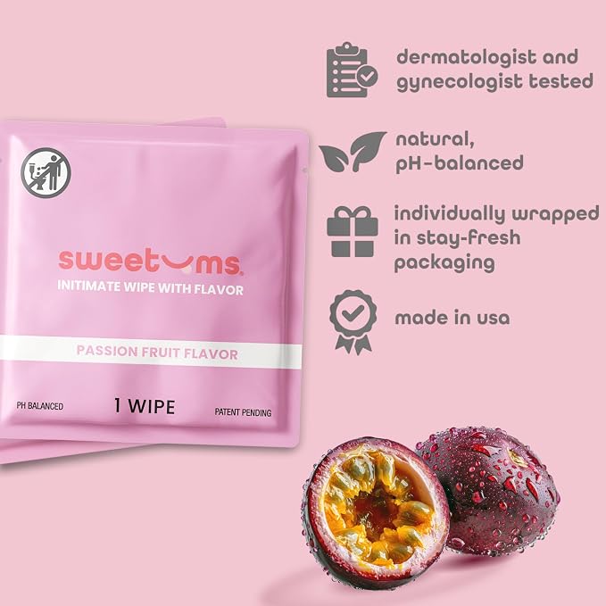 Sweetums Feminine Wipes For Women, Individually Wrapped - pH Balanced Flavored Intimate Wipes - Pack of 10 (Passion Fruit)