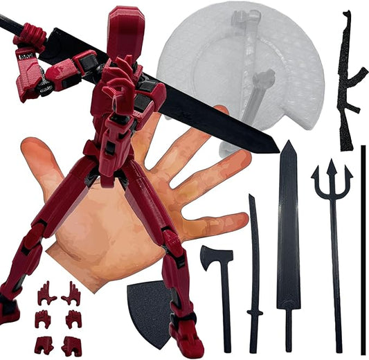 3D Printed Enlarge Body Size 8.1-inch Action Figure Dummy20, Full Body Mechanical Movable Toy, Multiple Accessories, Desk Decoration (Bracket, 3 HandsType, Weapons, Armour) (Red)