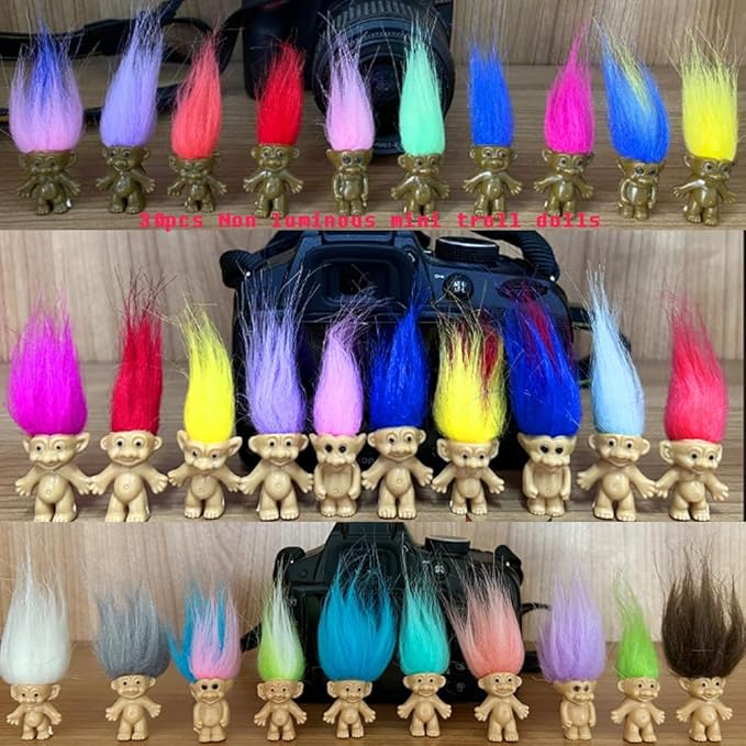 40pcs Luminous Mini Troll Dolls Glow in The Dark Vintage Action Figures Troll Dolls 1.2" Bodies, 2.3" Hair. Cake Toppers School Project, Arts and Crafts (40pcs)